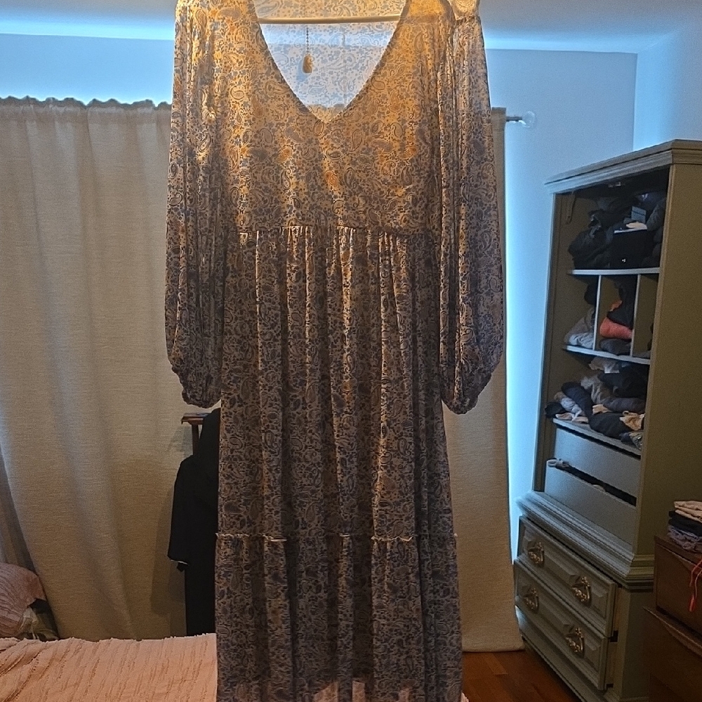 Dex Blue and Cream Long Sleeve Dress